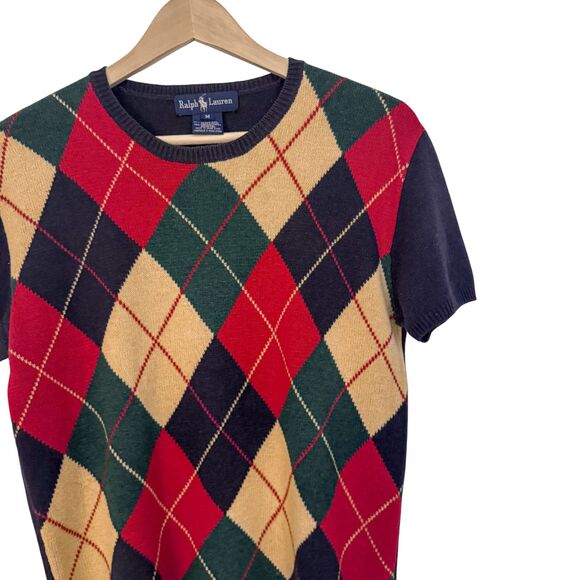 VTG 90s Ralph Lauren Merino Wool Cashmere Blend Argyle Color Block SS Sweater - Picture 2 of 4